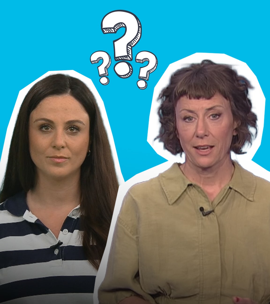 logo!-Moderatorin Teresa und Moderatorin Esther als Cutouts auf blauem Hintergrund - zwischen ihnen sind drei Fragezeichen