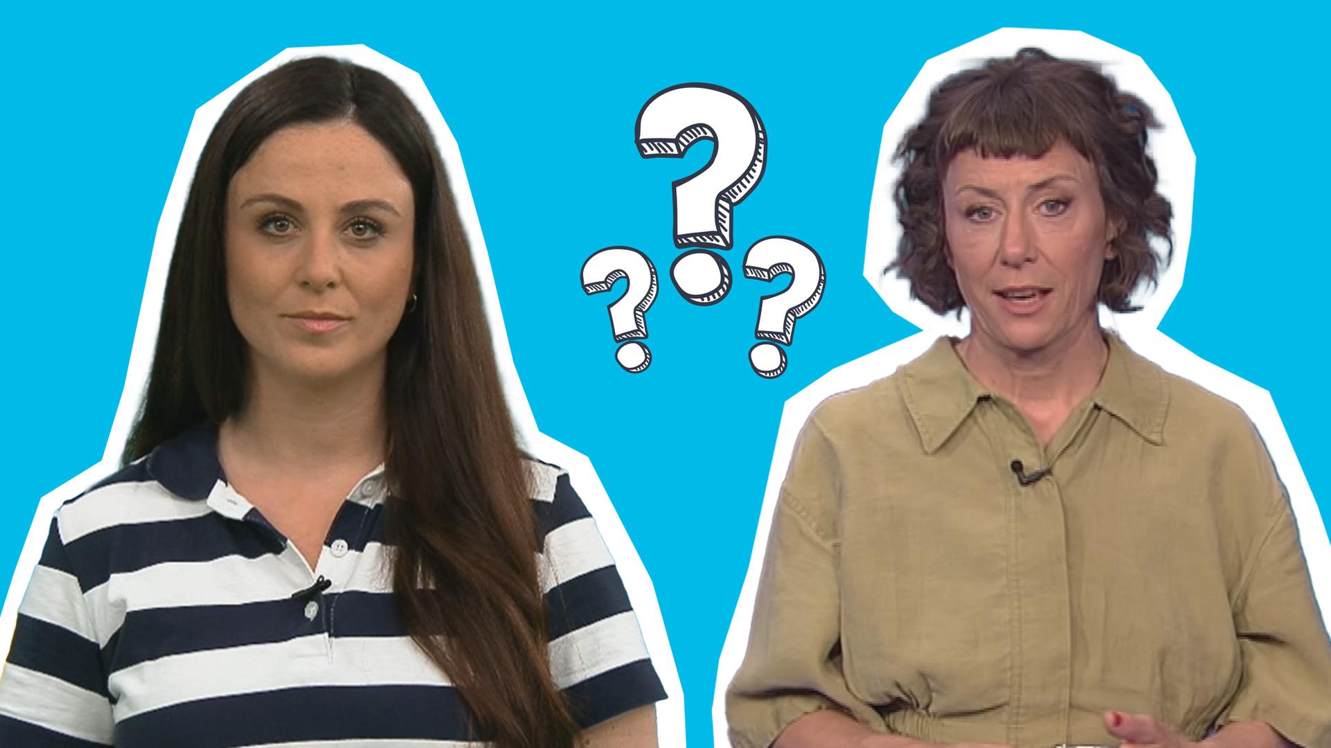 logo!-Moderatorin Teresa und Moderatorin Esther als Cutouts auf blauem Hintergrund - zwischen ihnen sind drei Fragezeichen