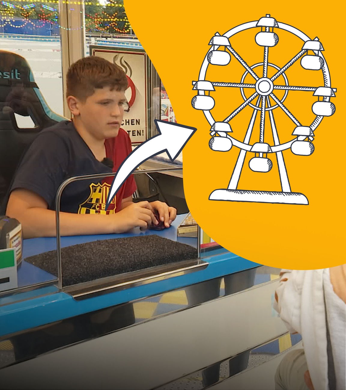 Grafik-Collage: Schaustellerkind sitzt an Kasse, davon geht Pfeil auf Grafik mit Riesenrad