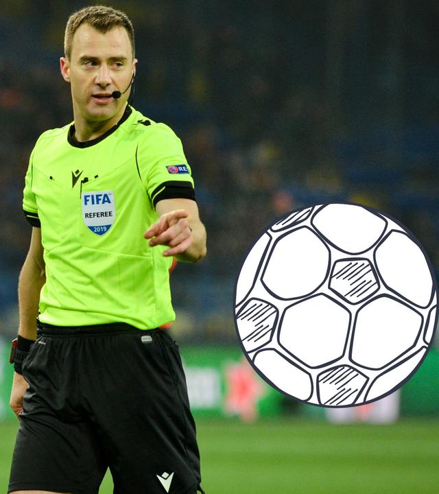 Ein Schiedsrichter, eine Trillerpfeife, ein Fußball, eine rote Karte und eine gelbe Karte