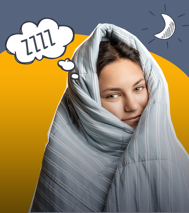 Mädchen mit einer Bettdecke um sich und eine Gedankenblase mit der Aufschrift "ZZZZ"