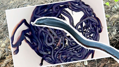 Sehr, sehr viele Schlangen in einem Eimer, im Hintergrund Laub und eine einzelne Schlange.