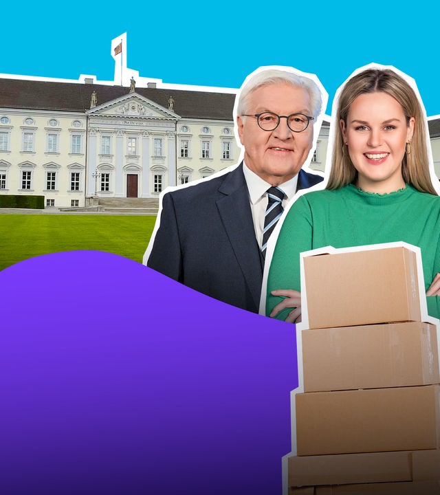 Reporterin Isabelle mit Bundespräsident Steinmeier, Umzugskartons und Schloss Bellevue im Hintergrund