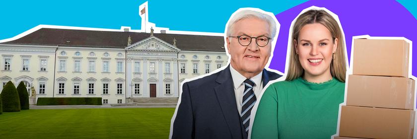 Reporterin Isabelle mit Bundespräsident Steinmeier, Umzugskartons und Schloss Bellevue im Hintergrund