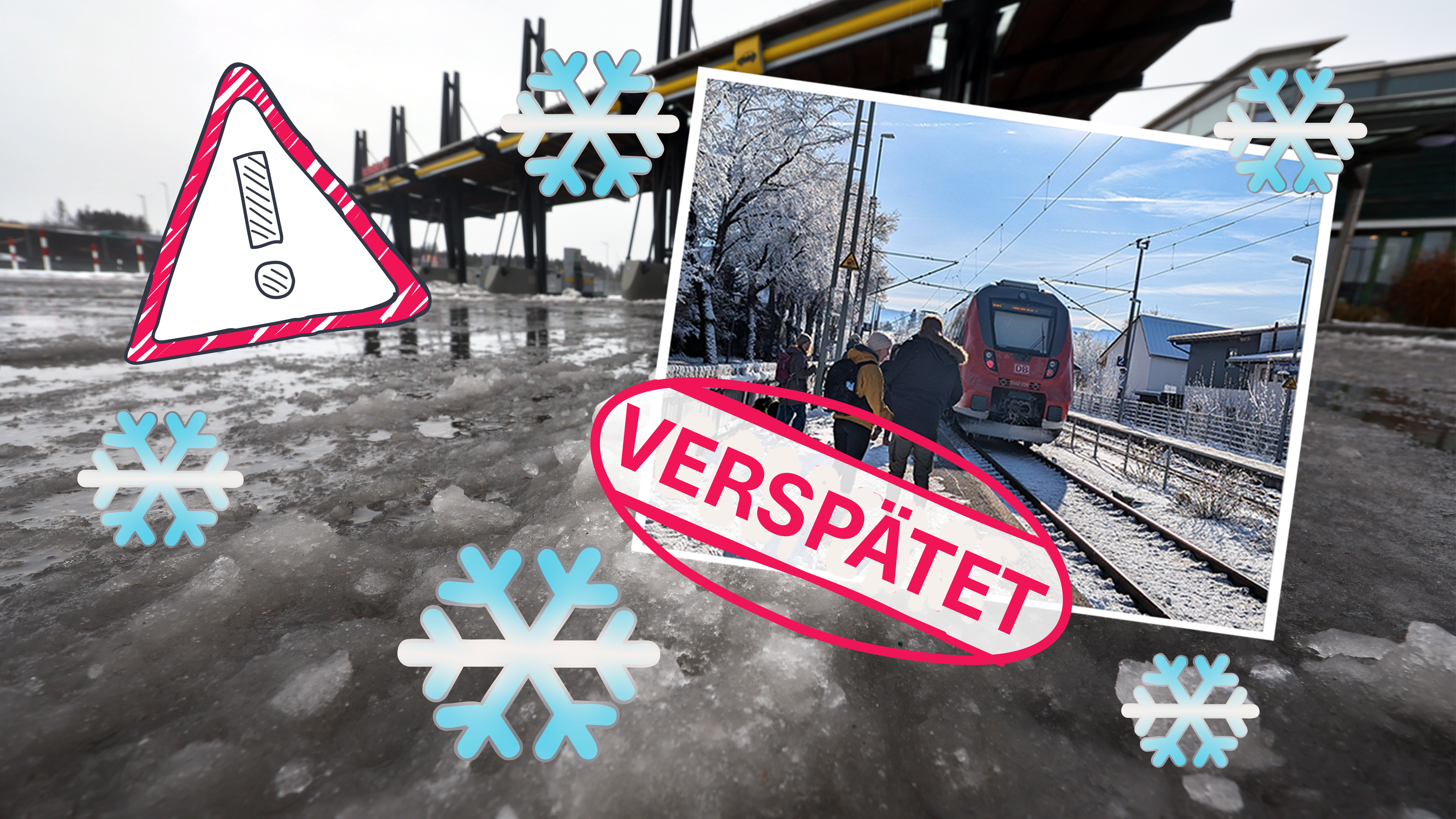 Schneematsch, ein Flugzeug, das enteist wird, Schneekristalle und ein Warnschild.