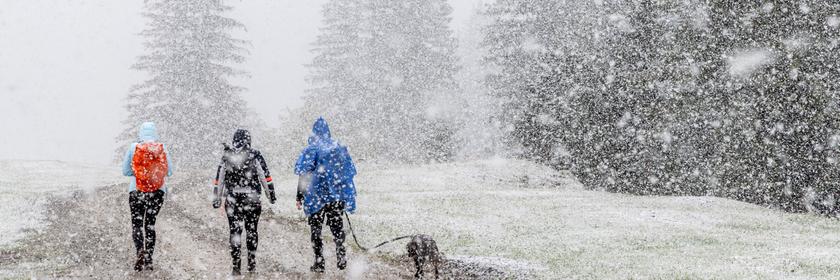 Menschen spazieren an der Seealpe bei Oberstdorf während Schnee fällt.