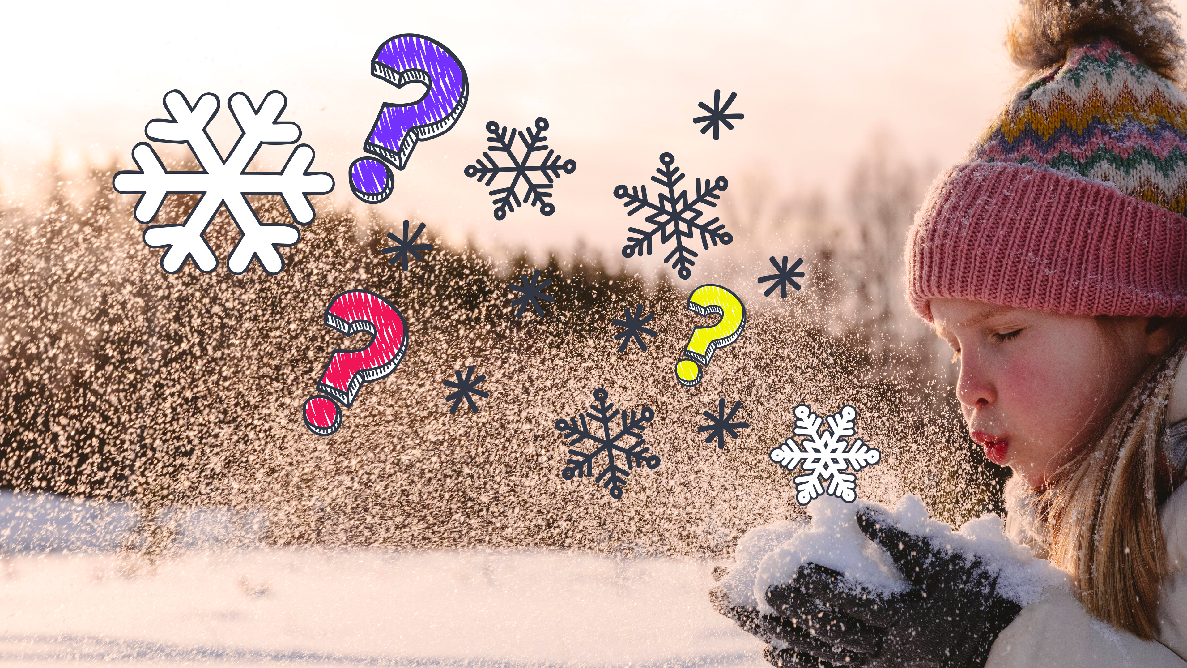 Mädchen pustet Schnee in die Luft, Grafik mit Schneeflocken und Fragezeichen