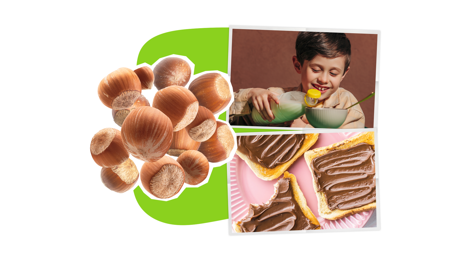 Eine Collage zeigt Haselnüsse auf der linken Seite, rechts daneben zwei Fotos eines Jungen vor einer Müslischale und einer Milchflasche in der Hand, darunter ein Foto, das drei Toasts mit Schokocreme darauf zeigt.