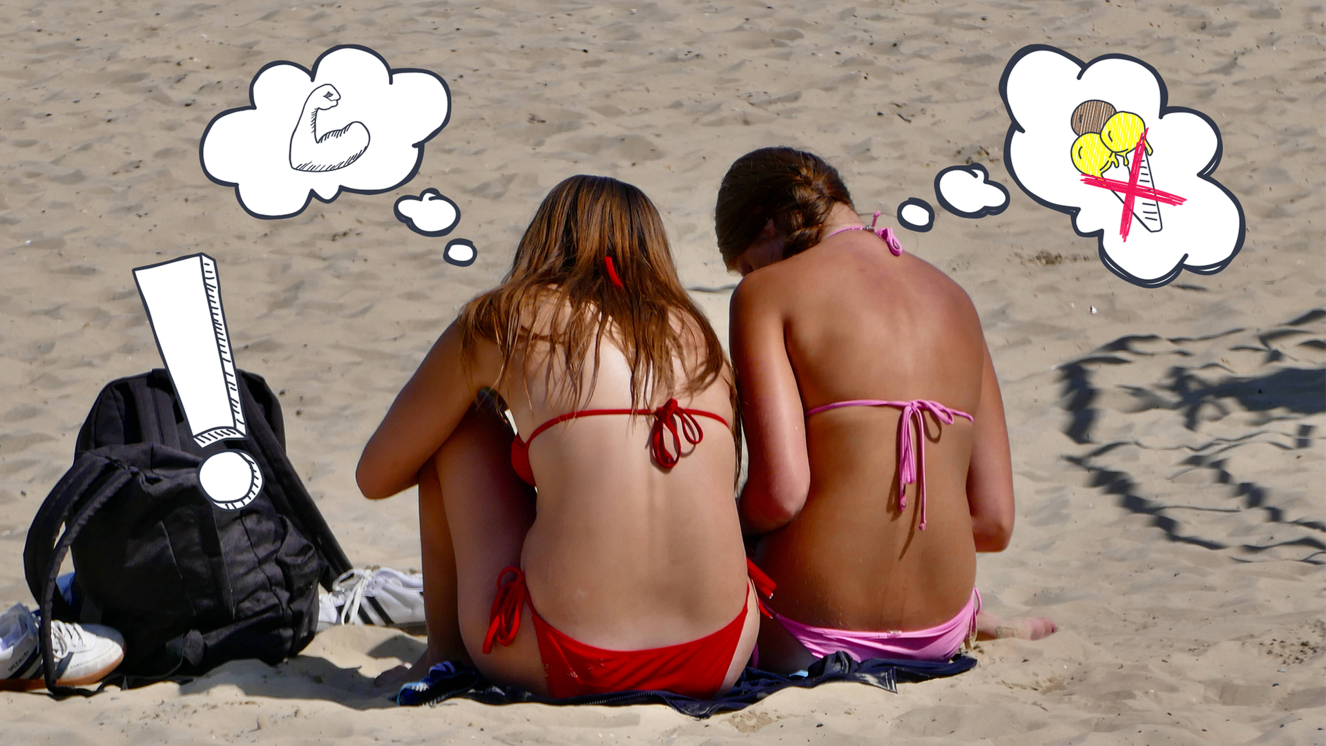 Mädchen sitzen an Strand, haben Gedankenblasen mit Bizeps und durchgestrichenem Eis, dazu Ausrufezeichen und Schriftzug "Eure News des Tages"