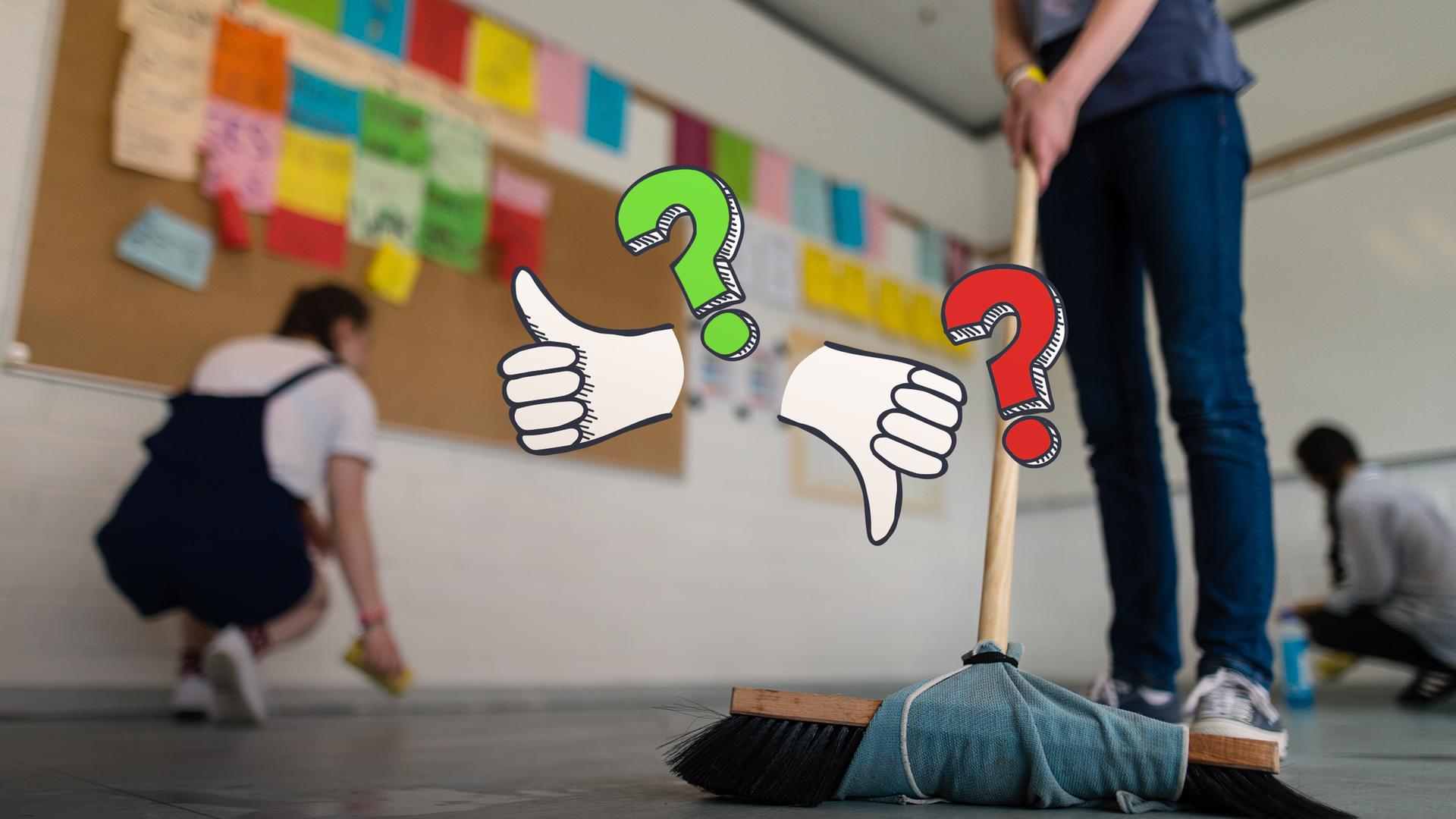Schülerinnen und Schüler putzen ihr Klassenzimmer.