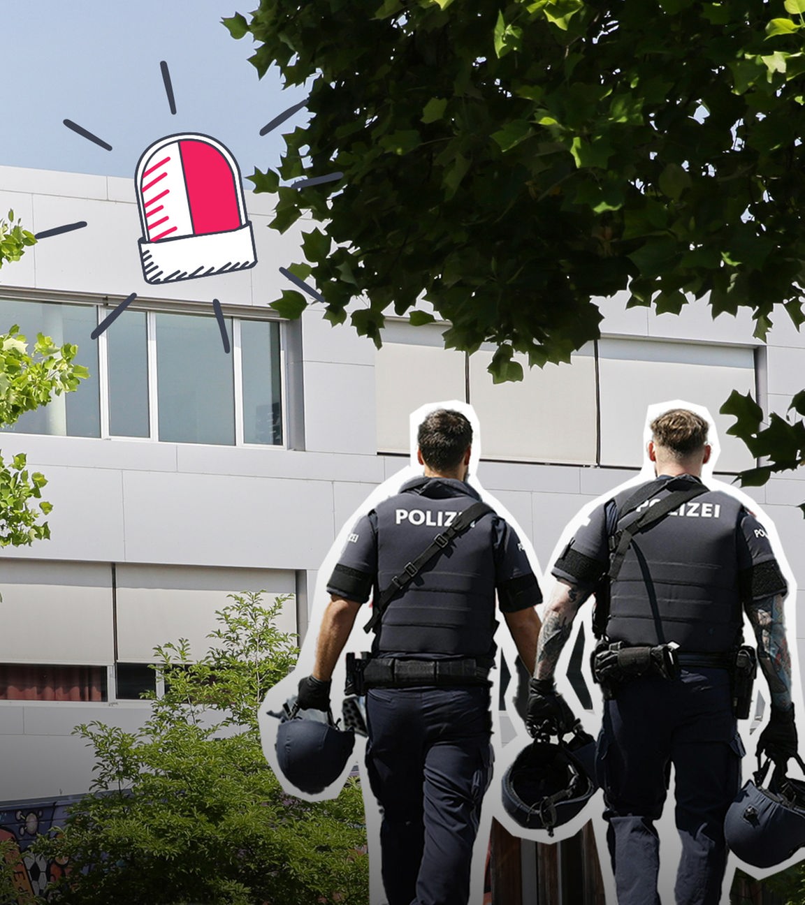 Schule im Hintergrund, darauf Polizisten-Cutout und Alarmzeichen
