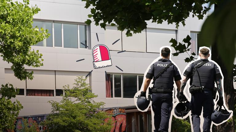 Schule im Hintergrund, darauf Polizisten-Cutout und Alarmzeichen