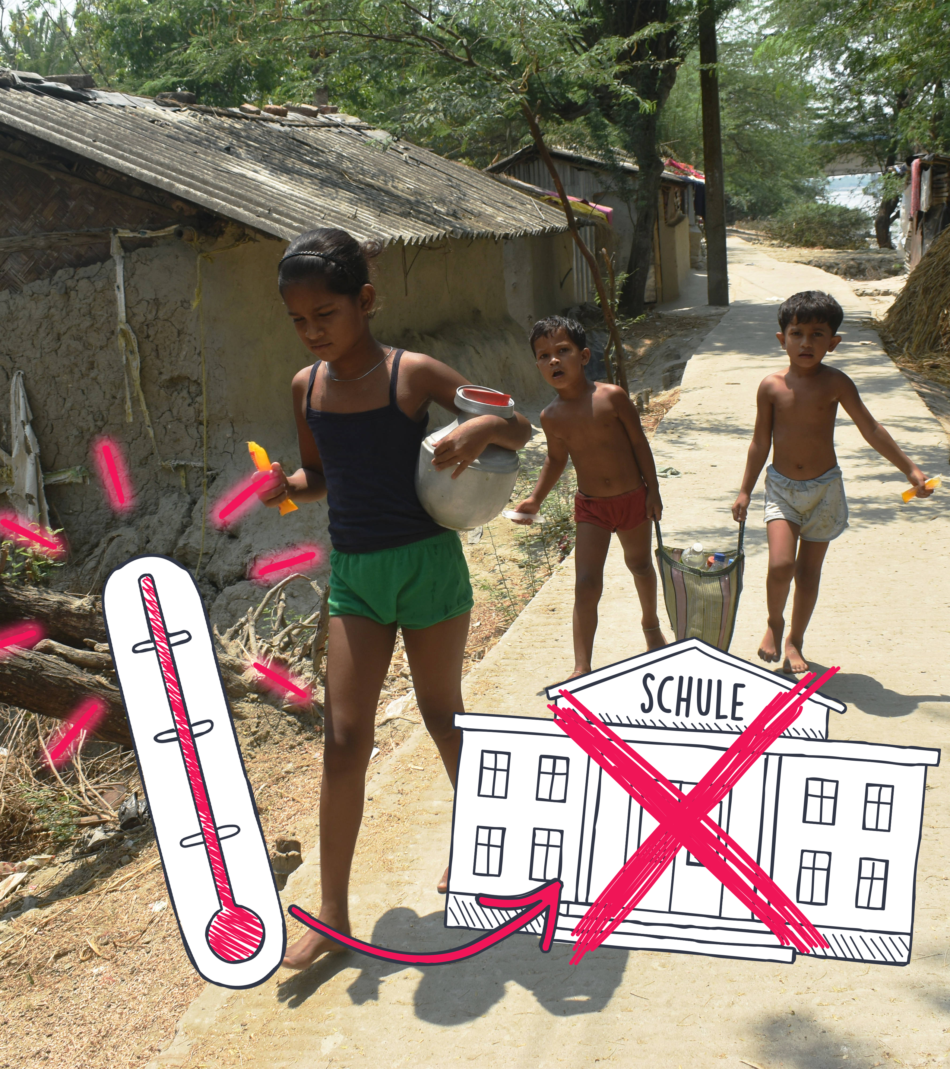 Kinder während Hitzewelle in Indien, Grafik von Thermometer und durchgestrichener Schule.