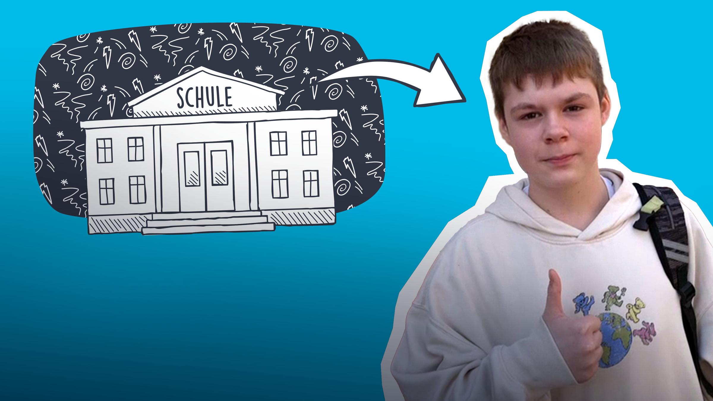 Der 12 Jahre alte Joel zeigt einen Daumen hoch. Im Hintergrund ist eine Zeichnung einer Schule zu erkennen. Hinter der Schule ist eine zweite Zeichnung die das Gefühl Angst verdeutlicht.