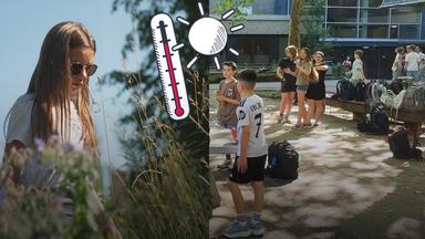 Eine Collage zeigt ein Mädchen mit Sonnenbrille, das nach unten schaut, und rechts daneben einen vollen Schulhof, darüber ein Thermometer und eine Sonne.