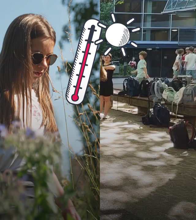 Eine Collage zeigt ein Mädchen mit Sonnenbrille, das nach unten schaut, und rechts daneben einen vollen Schulhof, darüber ein Thermometer und eine Sonne.