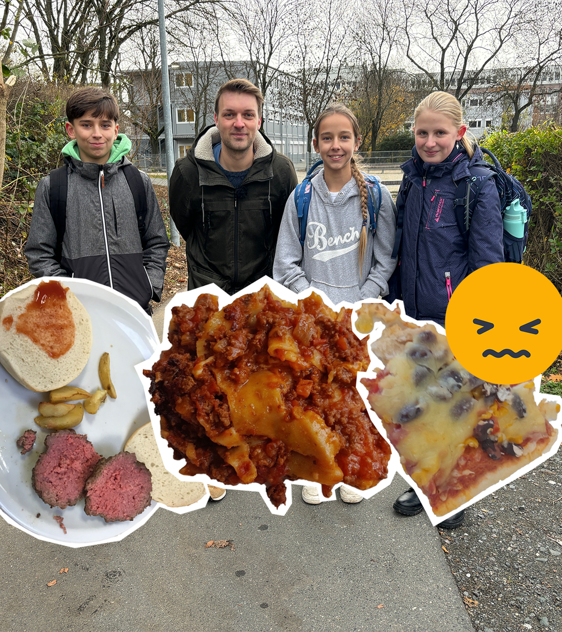 Gruppenfoto Reporter Johannes mit Schüler*innen, davor Fotos von Schulessen mit Emoji, das Mund verzieht