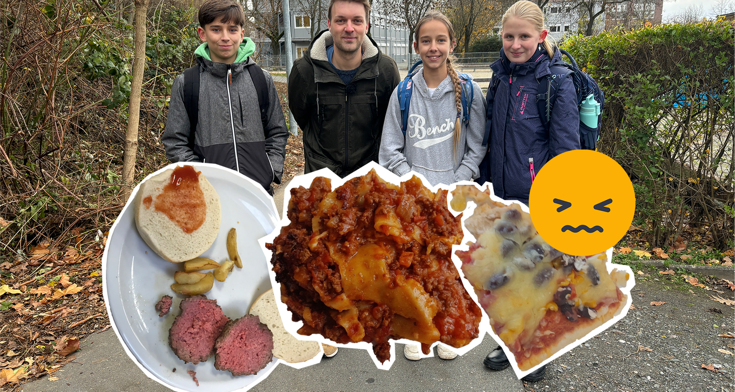 Gruppenfoto Reporter Johannes mit Schüler*innen, davor Fotos von Schulessen mit Emoji, das Mund verzieht