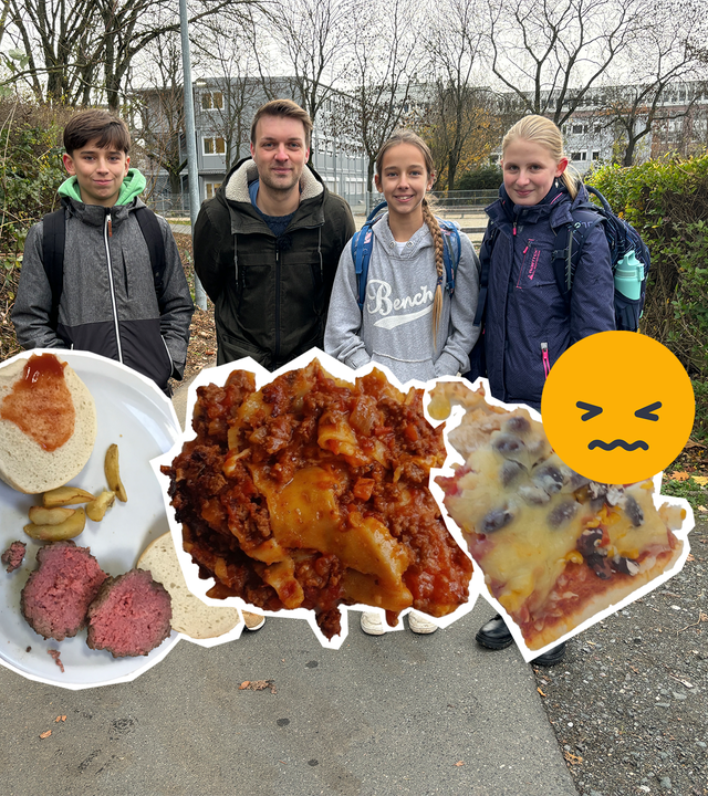 Gruppenfoto Reporter Johannes mit Schüler*innen, davor Fotos von Schulessen mit Emoji, das Mund verzieht