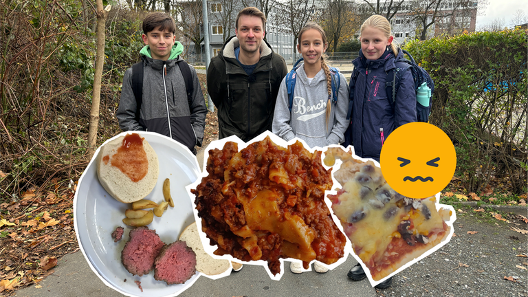 Gruppenfoto Reporter Johannes mit Schüler*innen, davor Fotos von Schulessen mit Emoji, das Mund verzieht