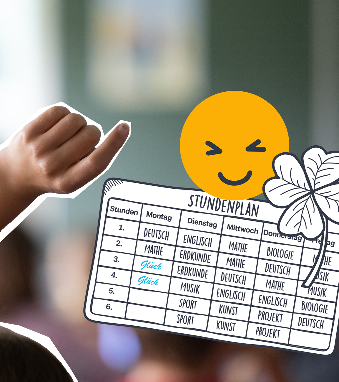 Ein Klassenzimmer und eine grafische Darstelung eines Stundenplans