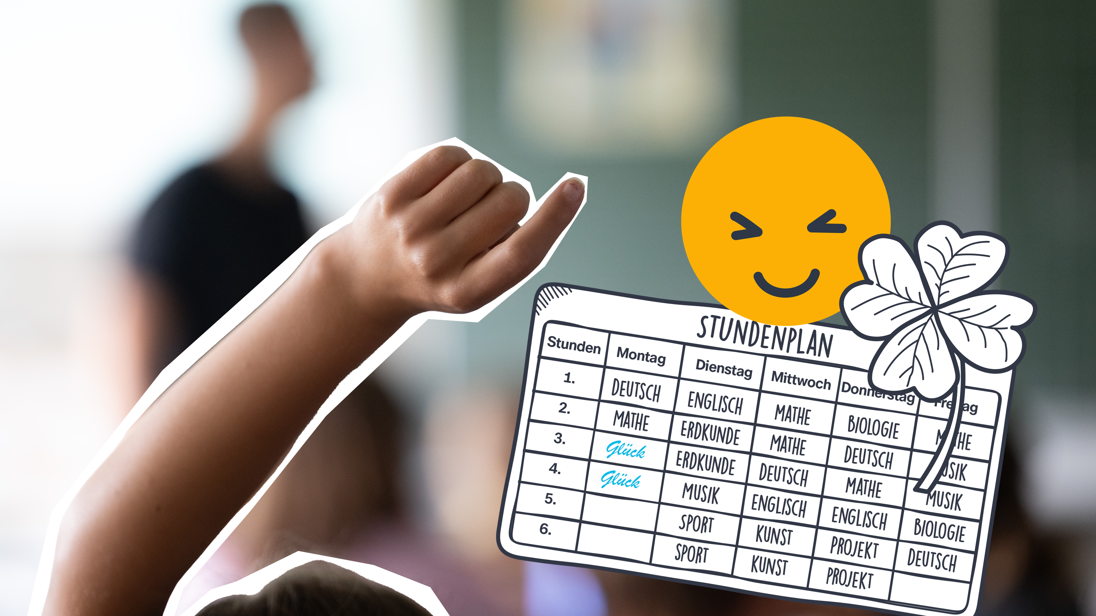 Ein Klassenzimmer und eine grafische Darstelung eines Stundenplans