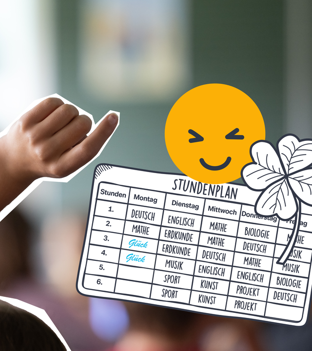 Ein Klassenzimmer und eine grafische Darstelung eines Stundenplans