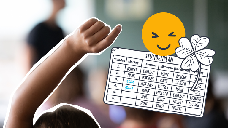 Ein Klassenzimmer und eine grafische Darstelung eines Stundenplans