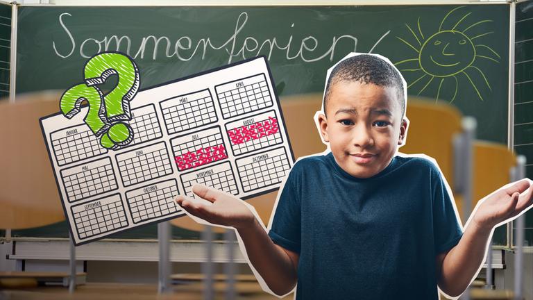 Im Hintergrund eine Tafel mit der Aufschrift "Sommerferien", im Vordergrund ein Junge, der sich wundert 