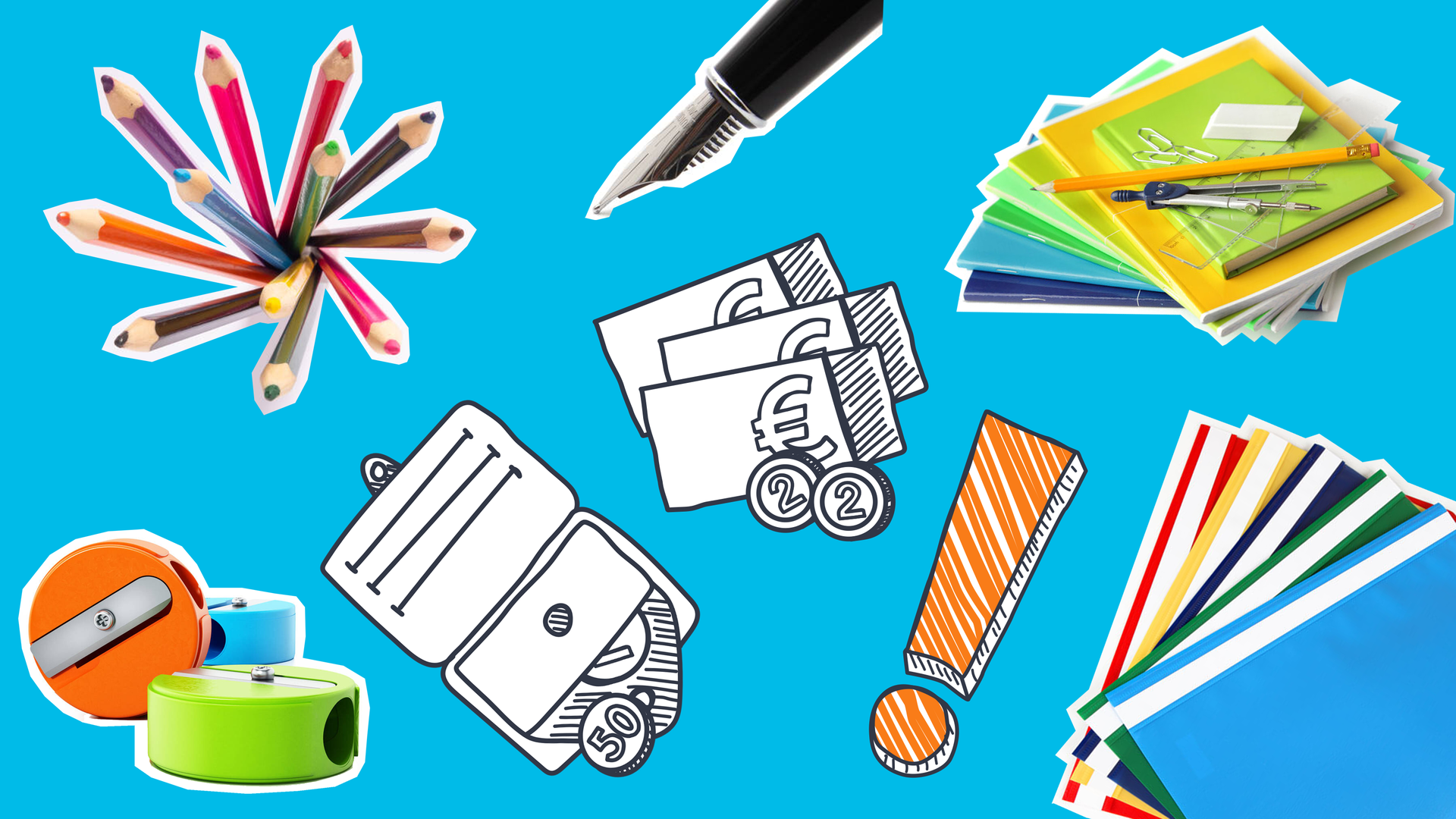 Buntstifte, Schnellhefter, Spitzer, Schreibmaterial mit Geld, Portemonnaie und Ausrufezeichen