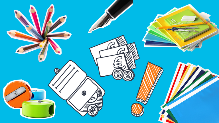 Buntstifte, Schnellhefter, Spitzer, Schreibmaterial mit Geld, Portemonnaie und Ausrufezeichen