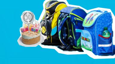 Schulranzen in verschiedenen Farben, daneben Geburtstagstorte mit großer 50