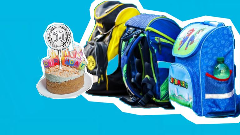 Schulranzen in verschiedenen Farben, daneben Geburtstagstorte mit großer 50
