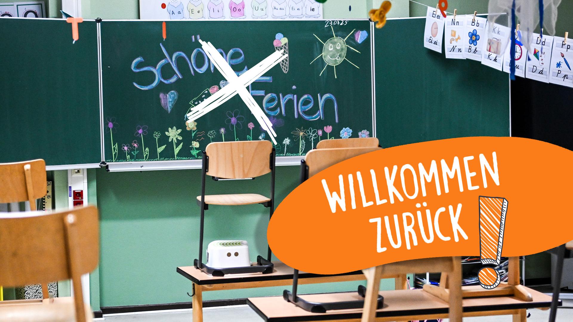 Auf einer Tafel in einer Klasse steht "Schöne Ferien", darüber ein gezeichnetes Kreuz und auf orangenem Hintergrund: "Willkommen zurück!"
