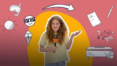 Eine Collage zeigt vor rosa, gelbem Hintergrund logo!-Reporterin Lara mit einem Mikrofon in der Hand, neben ihr Doodles, die einen Smiley zeigen, einen Schreibtisch, Zahlen, Zettel und Stift, ein Eis, eine Taucherbrille und eine Sonne.
