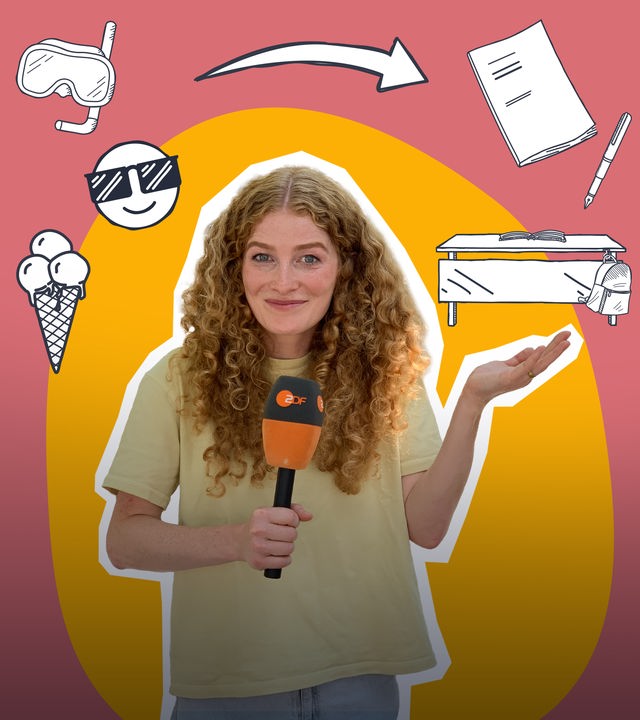 Eine Collage zeigt vor rosa, gelbem Hintergrund logo!-Reporterin Lara mit einem Mikrofon in der Hand, neben ihr Doodles, die einen Smiley zeigen, einen Schreibtisch, Zahlen, Zettel und Stift, ein Eis, eine Taucherbrille und eine Sonne.
