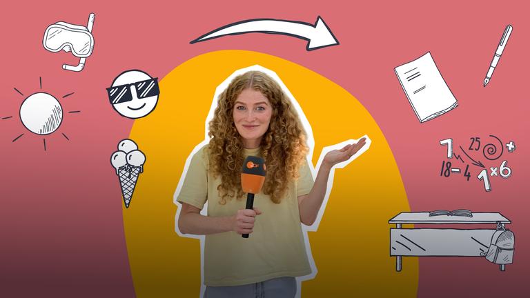 Eine Collage zeigt vor rosa, gelbem Hintergrund logo!-Reporterin Lara mit einem Mikrofon in der Hand, neben ihr Doodles, die einen Smiley zeigen, einen Schreibtisch, Zahlen, Zettel und Stift, ein Eis, eine Taucherbrille und eine Sonne.