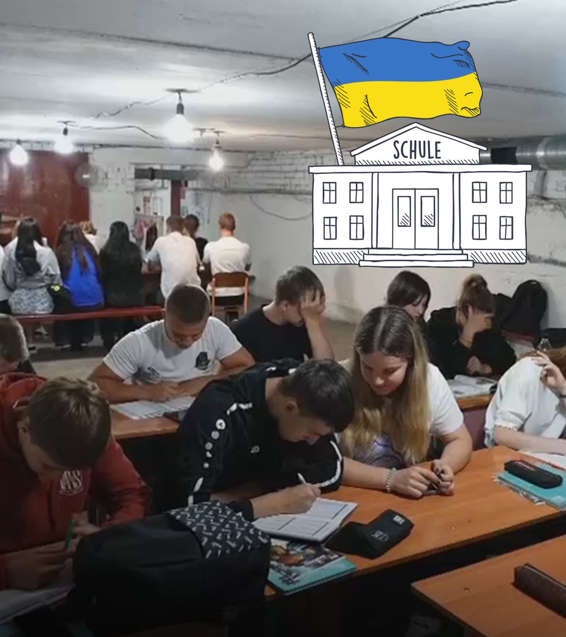 Kinder werden in Keller unterrichtet, darauf grafische Schule + ukrainische Flagge