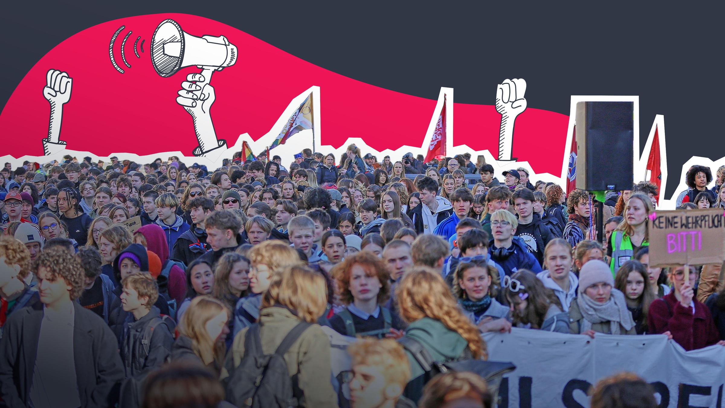 Eine Menge Jugendlicher demonstriert. Darüber sind Doodles von Megafon und erhobenen Händen. 