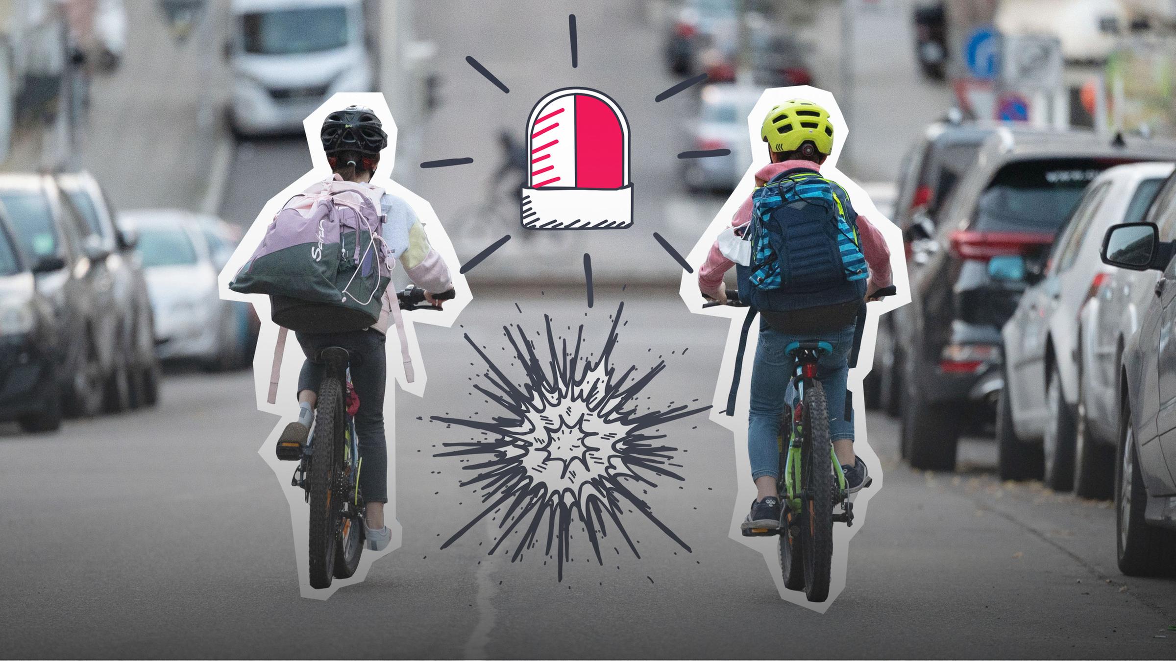 Zwei Kinder auf dem Weg zur Schule mit Fahrrädern