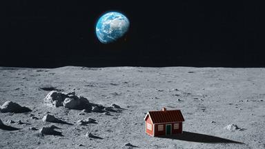 Ein kleines rotes Häuschen steht auf dem Mond, im Hintergrund die Erde 