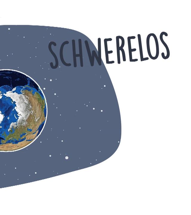 Eine Hand zeigt auf die Erde, darüber fliegt die ISS und zu lesen ist das Wort schwerelos.