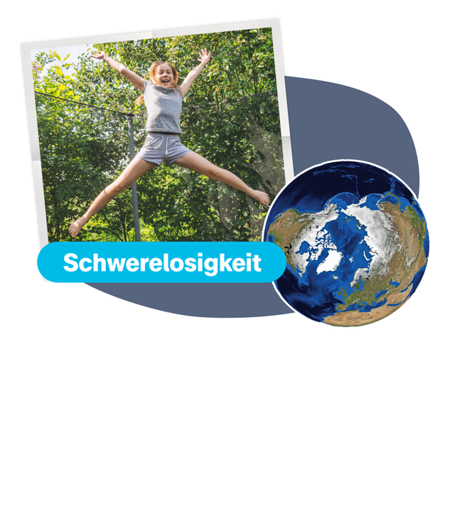 Eine Hand zeigt auf die Erde, darüber fliegt die ISS und zu lesen ist das Wort schwerelos.