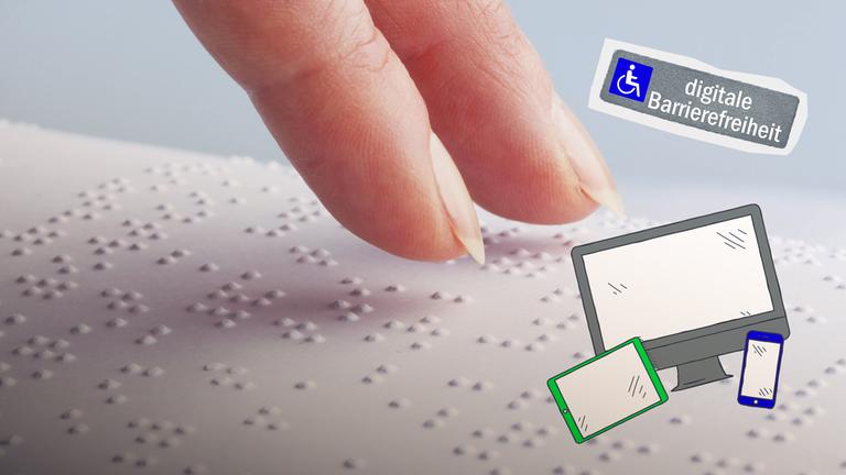 Auf dem Bild sieht man eine Hand, die mit den Fingerspitzen eine Seite in Brailleschrift ertastet, eine Schrift für blinde Menschen. Daneben sind Zeichnungen von digitalen Geräten (Computer, Tablet, Smartphone) und ein Schild mit dem Hinweis "digitale Barrierefreiheit".