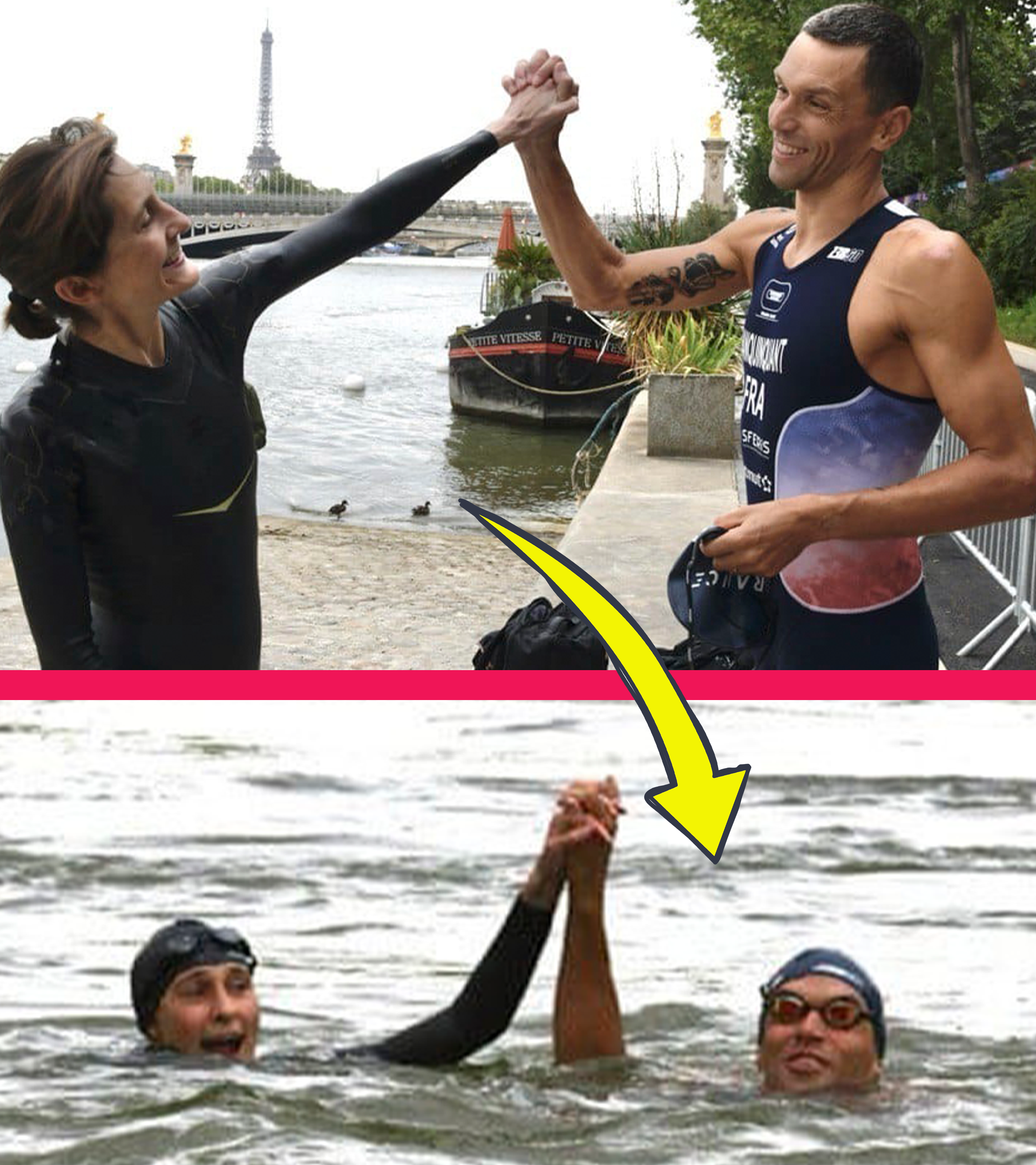 Französische Sportministerin und Schwimmer baden in der Seine.