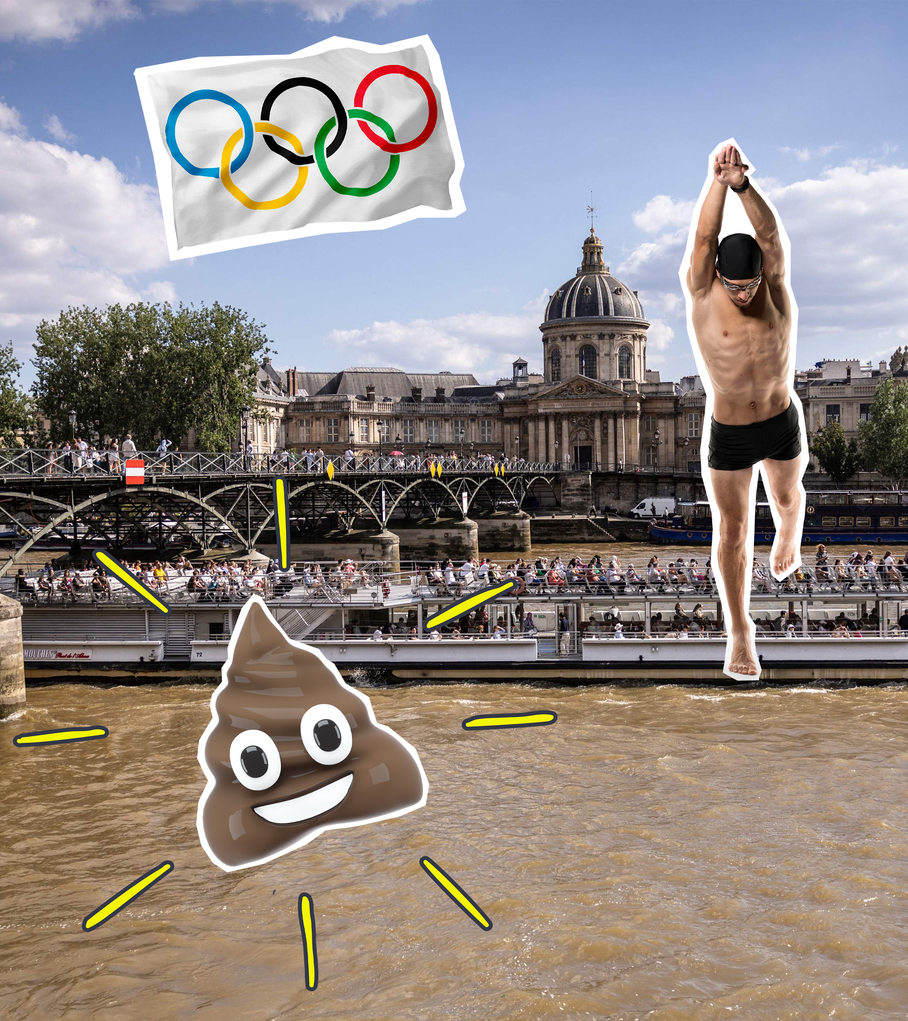 Die Seine in Paris, ein Kackhaufen-Emoji, ein Schwimmer und eine Olympia-Flagge