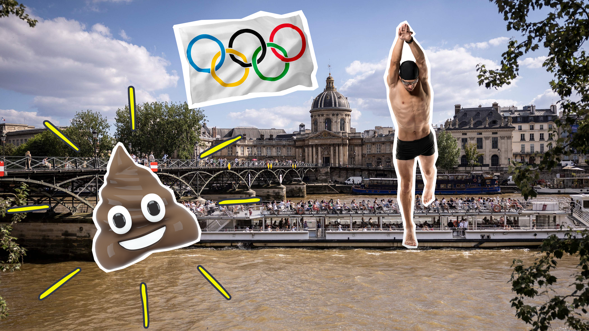 Die Seine in Paris, ein Kackhaufen-Emoji, ein Schwimmer und eine Olympia-Flagge
