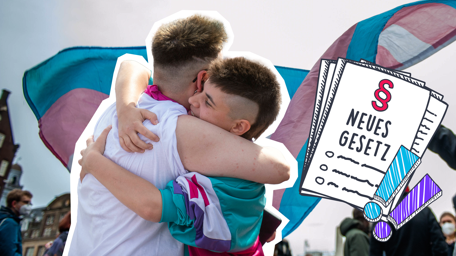 Zwei Transgender-Menschen umarmen sich, Grafik von Gesetz und Ausrufezeichen, Transgender-Flagge