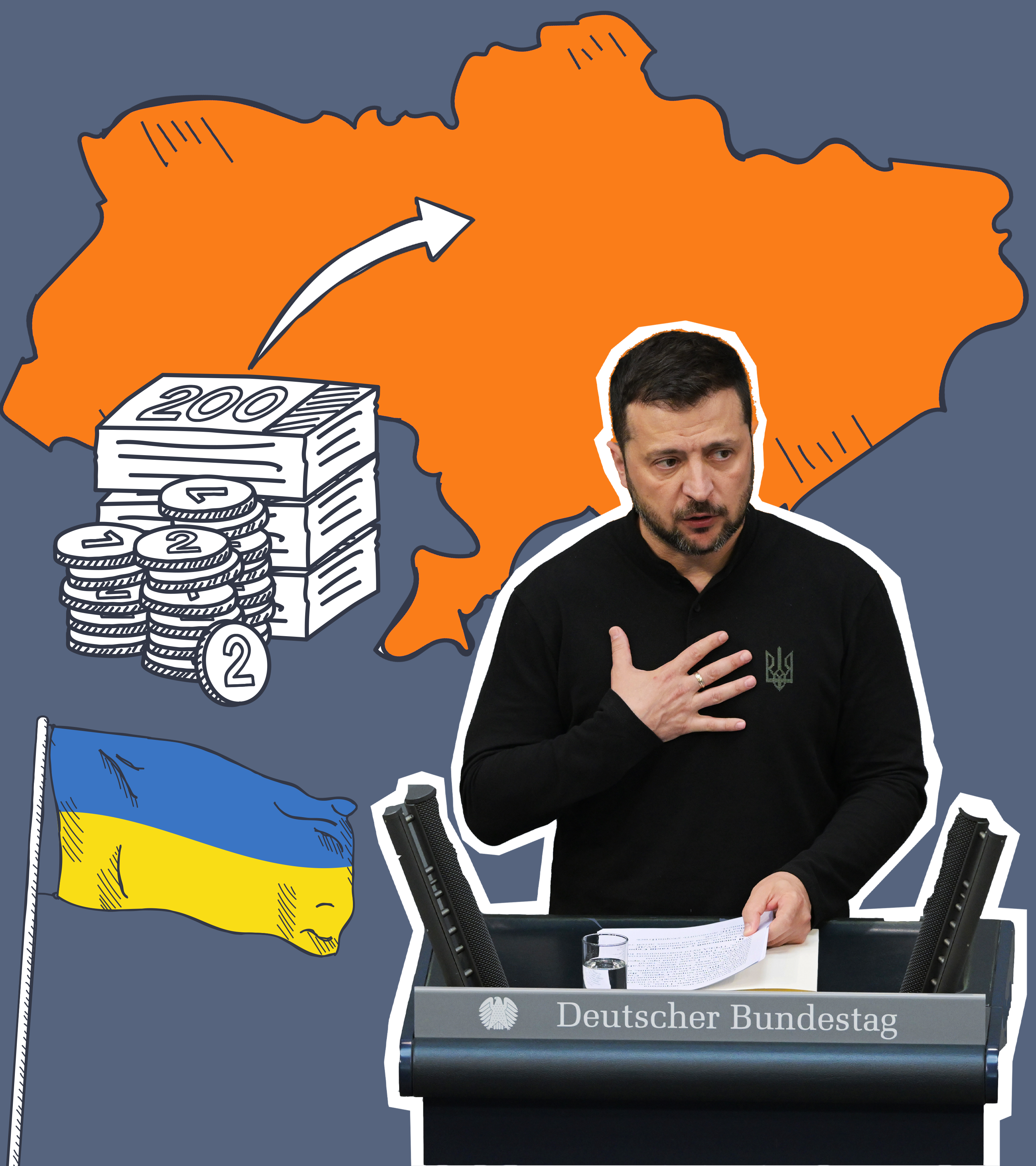 Selenskyj spricht im Bundestag, Karte von der Ukraine, Flagge und Geld mit Pfeil