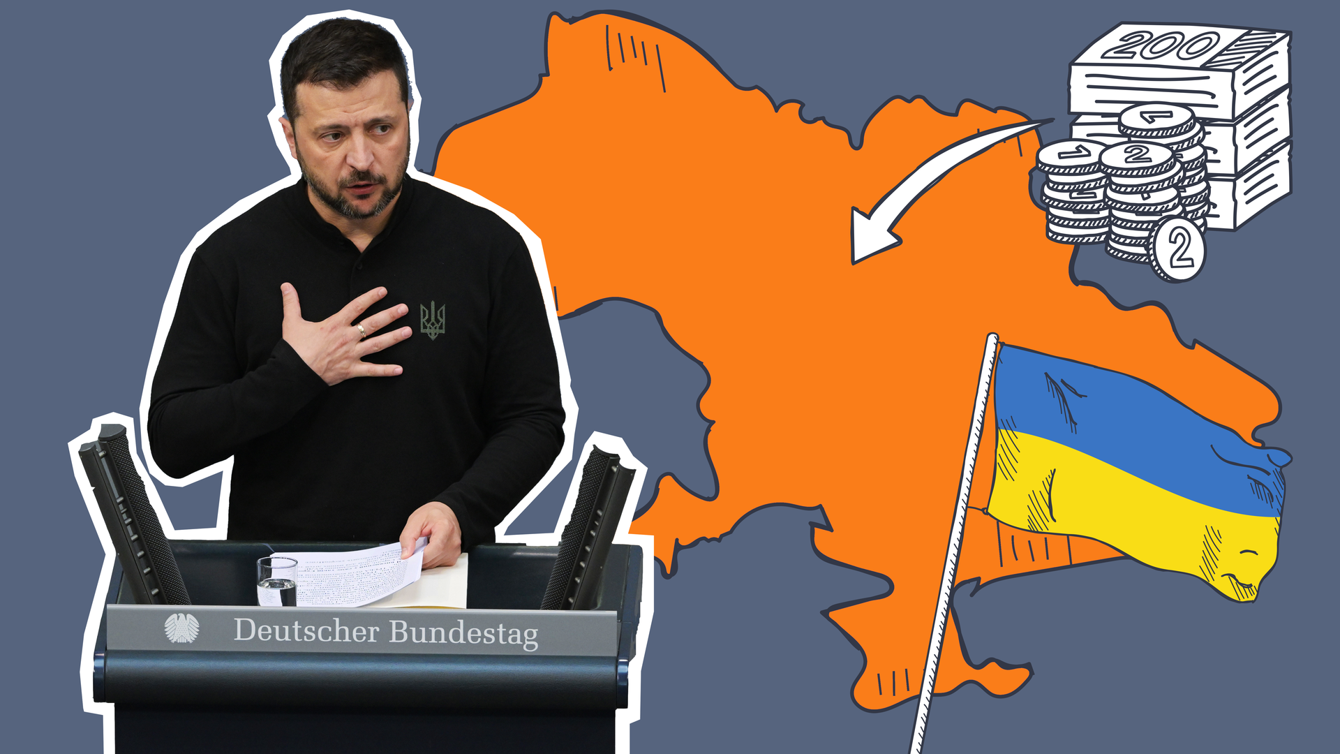 Selenskyj spricht im Bundestag, Karte von der Ukraine, Flagge und Geld mit Pfeil